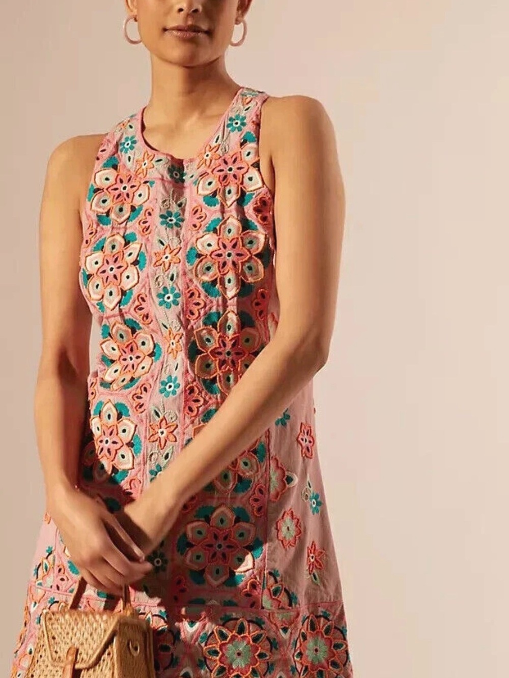 Anthropologie Pink Floral Eyelet Sleeveless Dress